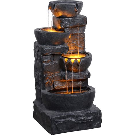 Teamson Home Fontana da giardino rustica a ciotole sovrapposte con LED regolabile effetto pietra in poliresina grigio scuro per patio o giardino