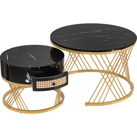 Set de 2 mesas de centro redondas de MDF negro y dorado con cajón (1/5)