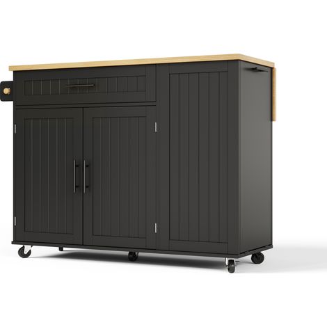 Isola da cucina mobile in MDF nero con piano ribaltabile e ruote frenanti, 120 x 70 x 93,3 cm