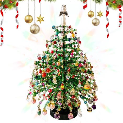 Ensemble sapin de Noël perlé fait main (25 cm), une décoration de table festive et scintillante (1/5)