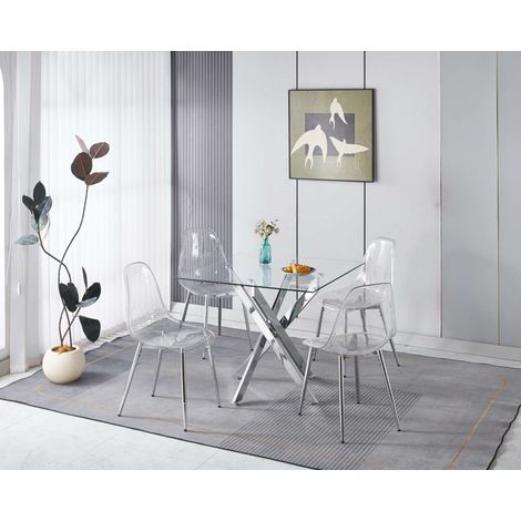 Ensemble de salle à manger 5 pièces en métal coloris chrome, 1 table et 4 chaises en velours avec pieds plaqués or (1/5)
