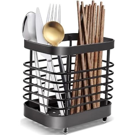 Porte-ustensiles de cuisine en acier inoxydable noir – support mural pour couteaux, fourchettes, cuillères et baguettes (1/5)