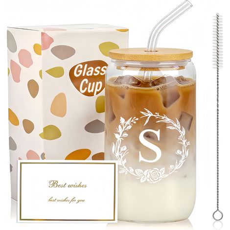 Cadeaux personnalisés avec lettres, tasse en verre de 473 ml avec couvercle + paille + brosse de nettoyage, cadeaux pour femmes, filles, anniversaire, Noël (S) (1/5)