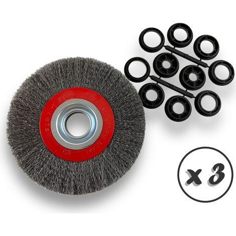 Lot de 3 brosses circulaires ACIER  Ø 175 mm  Epaisseur 2 rangs  Fil souple 0.20 mm ondulé  Alésage 32 mm + réducteur bague 25/22/20/16/12 mm  Touret affûteuse ponceuse  Kibros 235177AVx3 (1/5)