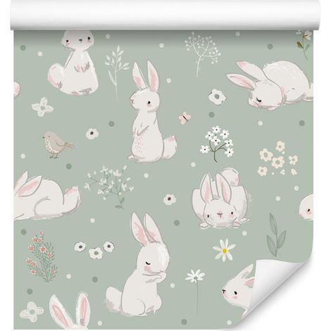 Carta da parati con coniglietti e fiori, decorazione fiabesca per soggiorno e camera da letto, 50x1000 cm (1/5)