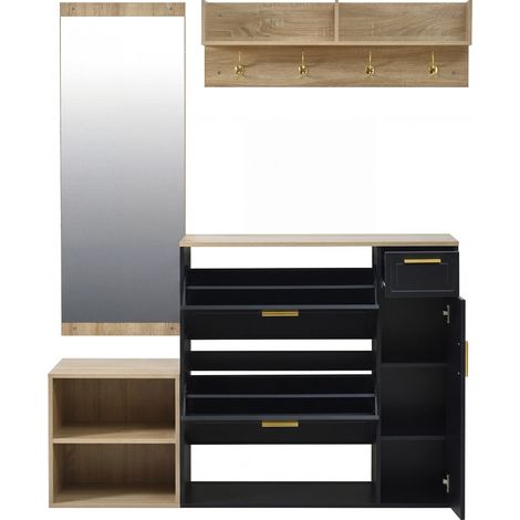 4-teiliges Garderoben-Set mit Schuhschrank, Bank, Wandgarderobe und Spiegel (1/5)
