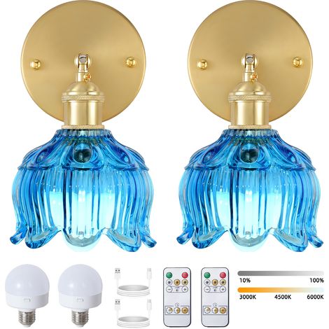 Lot de 2 appliques murales LED rechargeables avec télécommande, lampe de chevet sans fil, intensité variable, 3 températures de couleur, avec ampoule (1/5)