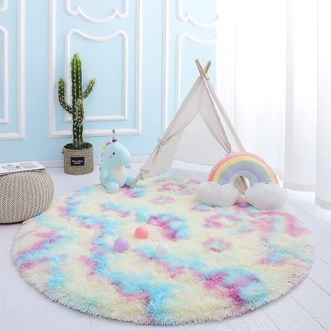 Tapis rond pour chambre de fille, tapis arc-en-ciel pour chambre d'enfant, tapis rond rose moelleux pour chambre de fille, tapis en fausse fourrure château de princesse, 120 cm (1/5)
