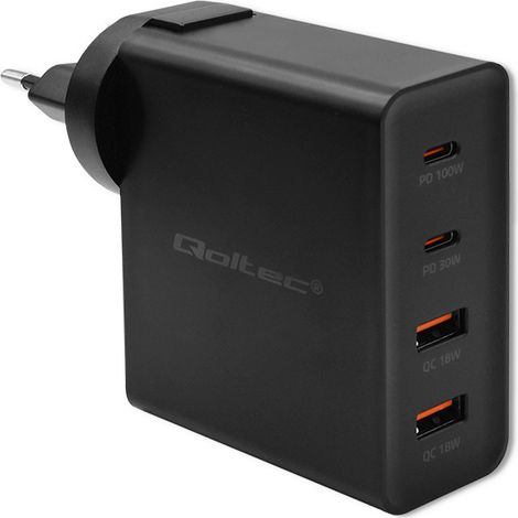Cargador Qoltec GaN POWER PRO 2xUSB-C 2xUSB 130W 5-20V 1.5-5A PD Portátil Smartphone Negro (1/5)