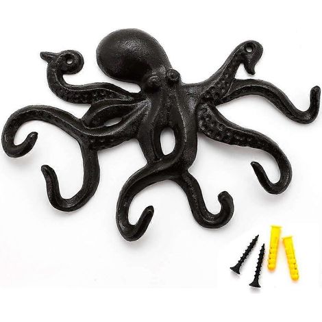 Patère murale pieuvre, patère murale design, porte-manteau mural rustique, patère murale robuste à 6 bras - Noir (1/4)