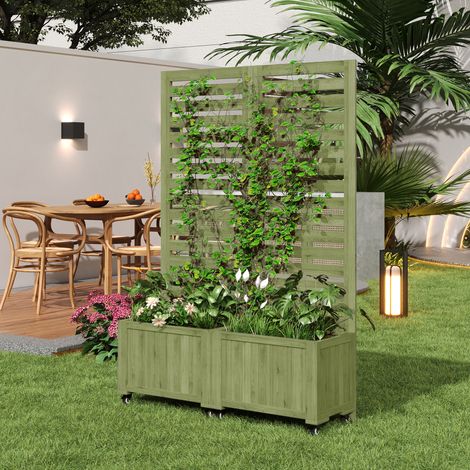 REDOM Set de 2 jardineras 102.5x32x152.5 cm, con enrejado, ruedas universales, madera maciza verde (1/5)