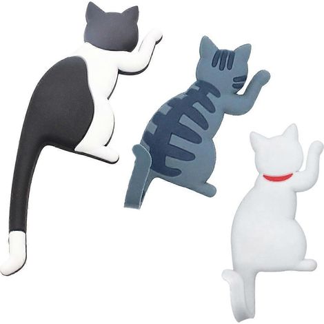 Lot de 3 crochets magnétiques décoratifs en forme de chat de dessin animé, sans traces, pour réfrigérateur, aimant pour message, porte-manteau, porte-clés, crochet de rangement (motif aléatoire)-13.30