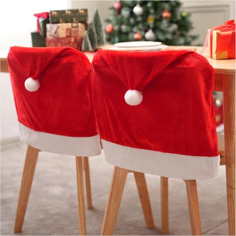 4 pièces de housses de chaise de Noël, housses de chaise à chapeau de Père Noël rouge pour décoration de fêtes de Noël, housses de dossier de chaise à Père Noël, ensemble d'ornements décoratifs d'inté (1/4)