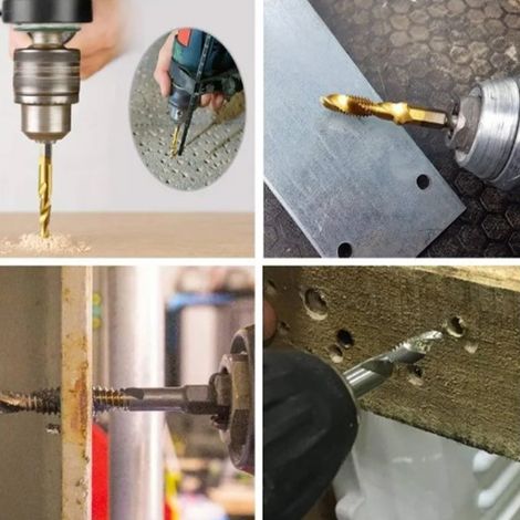 Machine à tarauder composite trois-en-un à queue hexagonale en acier rapide (6 pièces) pour perçage, taraudage, chanfreinage et taraudage hélicoïdal (1/4)