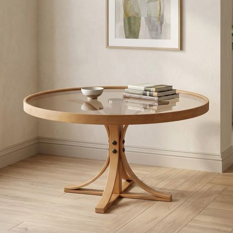 Wohnzimmertisch Santhia, gehärtetes Glas, rund, Gestell aus Glas, 80x80x47h cm, Eiche Braun (1/5)