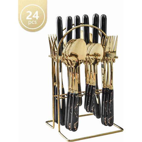 Coffret de couverts 24 pièces noir à bord doré céramique acier inoxydable cuillères fourchettes couteaux pour steak repas occidental (1/2)