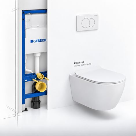 Geberit – Pack WC bâti-support 112 cm – WC suspendu sans bride Ceramia – Abattant SoftClose – Plaque blanche – GEBCEPXWT01FR