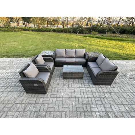 Fimous 7-Sitzer Hoher Rücken Rattan Gartenmöbel Sets mit Rechteckiger Couchtisch 3-Sitzer Sofa Love Sofa 2 Beistelltischen (1/5)