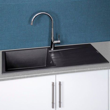 Reginox Harlem10 Kitchen Sink Single Bowl Black Granite Reversible Drainer Waste (1/8)