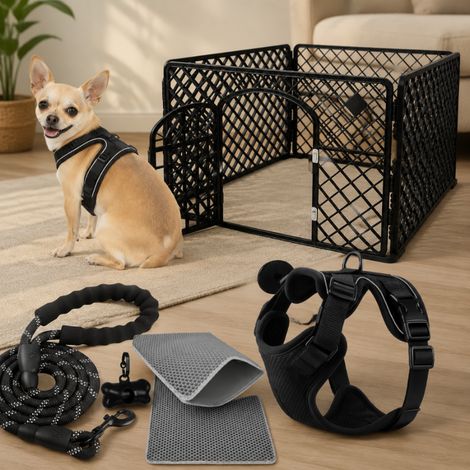 Juego de parque para mascotas (3 piezas): parque para animales de ABS, alfombrilla para arenero y arnés XS con correa. (1/5)