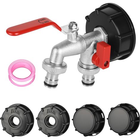 Robinet de vidange 1/2" Accessoire de réservoir de jardin, double robinet d'écoulement, S60 x 6, adaptateur de vidange avec couvercle de réservoir, accessoires pour réservoir d'eau de 1000 (1/5)