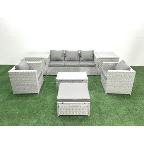 Fimous Salon de jardin avec Canapé 3 places 2 Chaise Table basse rectangulaire Grand tabouret 2 Tables d'appoint Gris clair mixte 6 places (1/5)