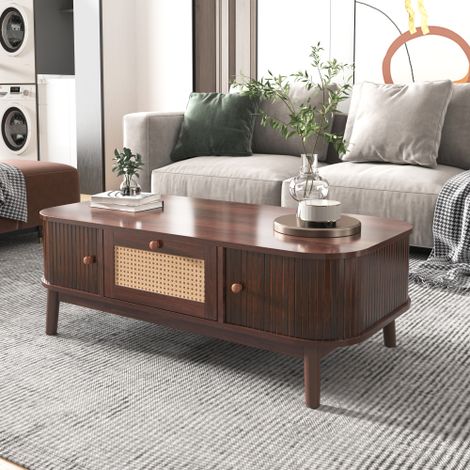 Table basse en rotin, Tiroirs avec rotin et portes coulissantes avec lattes en bois massif, Pieds en bois massif, Style campagne (1/5)