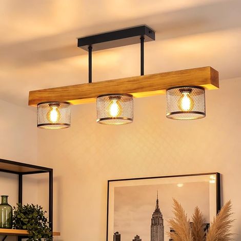 GBLY Lámpara Techo Vintage Madera E14 Lámpara Techo Lámpara Salón 3 Luces de Metal Rejilla Diseño Industrial Lámpara Cocina Techo para Mesa Comedor Salón Cocina Dormitorio Sin Bombilla