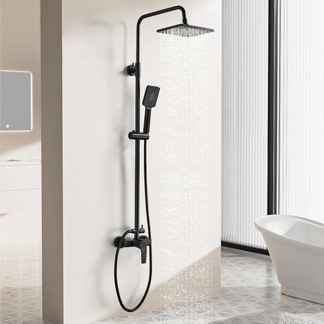 Colonne de Douche Noir avec Mitigeur Monocommande, Ensemble de Douche Réglable en Hauteur, Mitigeur Mécanique Set de Douche avec Tête de Douche Ronde 20CM et Douchette 3 Jets en ABS