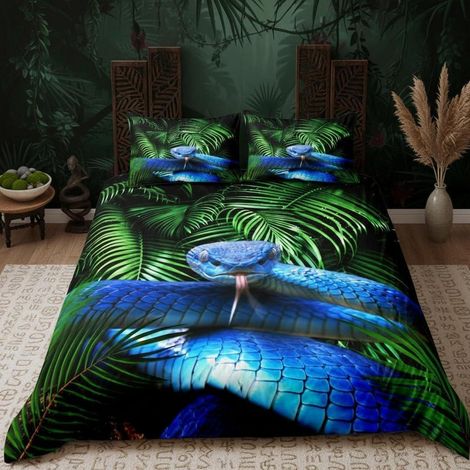 Bettwäsche-Set 155x220cm mit blauem Schlangen-Motiv, Mikrofaser, Reißverschluss