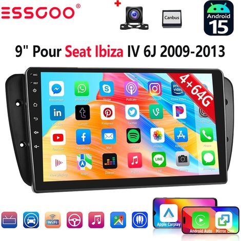 Autoradio 9" avec Apple CarPlay pour SEAT Ibiza 6J (2009-2013), 32/64 Go, Android 15, RDS, GPS et Wi-Fi - 4+64G CAM