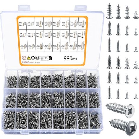 Assortiment de vis auto-taraudeuses M3/M4/M5/M6 Vis à bois cruciformes pour construction sèche de pont - Lot de 500 vis à tête plate - 490 pièces à tête ronde (Silber990) (1/5)
