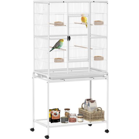Cage à oiseaux portable - PawHut - avec 4 mangeoires et 4 perchoirs pratique habitat volière - métal - 81x48x162,5cm - Blanc (1/5)
