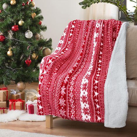 Weihnachtliche, doppelseitige Sherpa-Decke 150×130 cm, Schneeflockenmuster, extra dick, für Schlafsofa