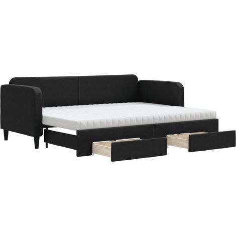 Canapé-lit en tissu noir avec matelas gigogne et tiroirs, 80 x 200 cm (1/5)