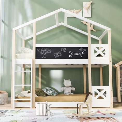 Lit cabane superposé enfant 2 places 90x200 cm – 2 sommiers à lattes, pin naturel et blanc (1/5)