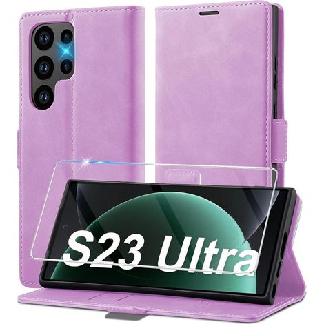 Coque portefeuille en cuir pour Samsung Galaxy S23 Ultra avec béquille et porte-cartes violet (1/5)