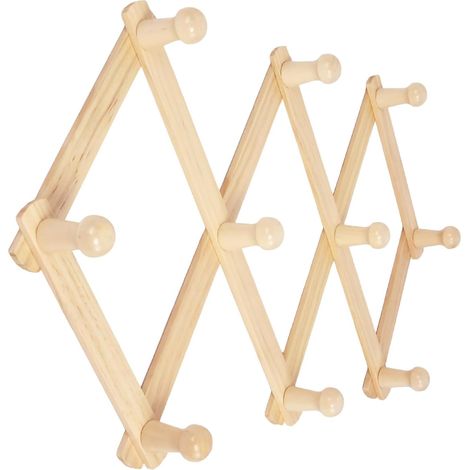 Cintre extensible en bois de style accordéon avec 10 crochets (tiges) - pour suspendre chapeaux - manteaux - tasses à café - sacs - colliers - serviettes - casquettes - ceintures (1/4)
