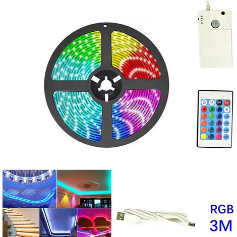 RUBAN LED AVEC CAPTEUR DE MOUVEMENT INFRAROUGE BATTERIE USB 3M RVB TE-B0453