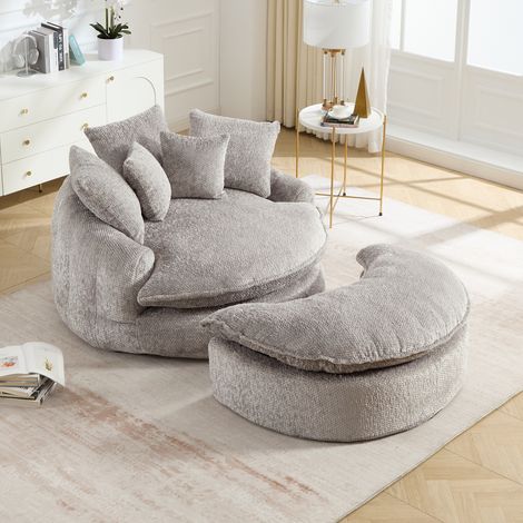 Canapé lounge XXL 1 place 190,5x138x63 cm chaise longue ronde en polyester assise profonde en mousse haute densité coussins, sans montage Gris clair (1/5)