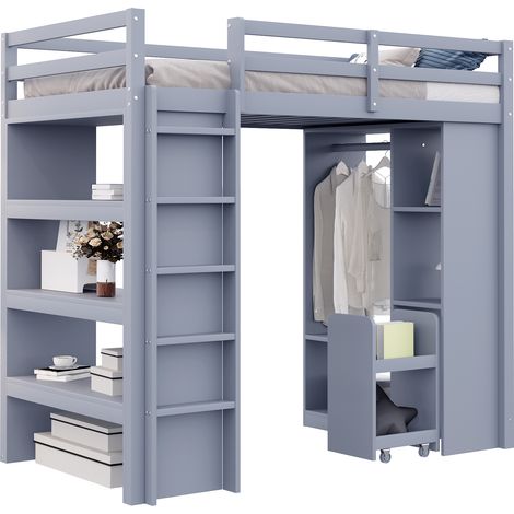 Cama Alta 90 x 200 Cm Con Estantes, Perchero Y Carrito Extraíble, Sin Colchón, De Madera, Gris (1/5)