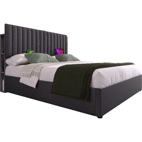 CHICFURN lit double avec rangement et tête de lit lumineuse gris AB20683132G 140 x 200 (1/5)