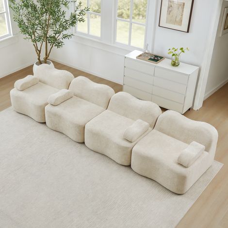 Canapé quatre personnes sans cadre modulaire mousse haute densité forme ondulée fluide beige naturel (1/4)