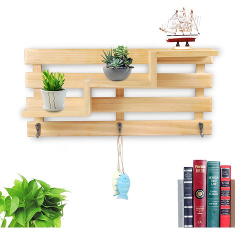 Étagère Murale En Bois - Forme Trapézoïdale - Avec 3 Crochets Métalliques - Pour Salon Chambre Cuisine - 1 Pièce (1/5)