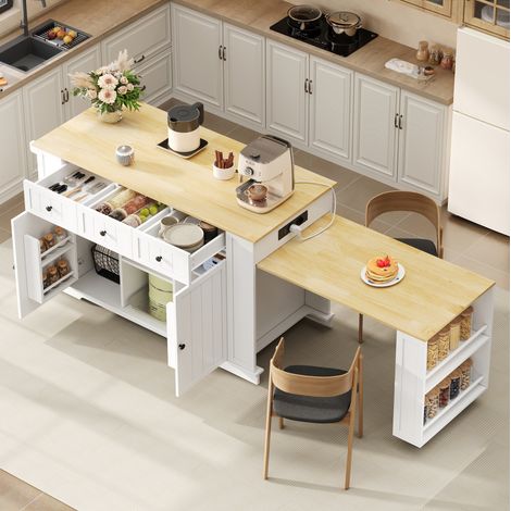 Isla de cocina con mesa extensible (138x55x93 cm), con almacenamiento, enchufes, MDF, blanco y natural (1/5)