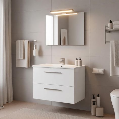 Mobile Mobiletto Bagno Sospeso Con 2 Cassettoni Soft Close Lavabo in Ceramica Monoforo Con Troppopieno E Specchio Con Led Da 30 Cm Design Moderno 80 x 45 x 57 Cm Colore Bianco  - Misura: Mobile Lavabo (1/5)