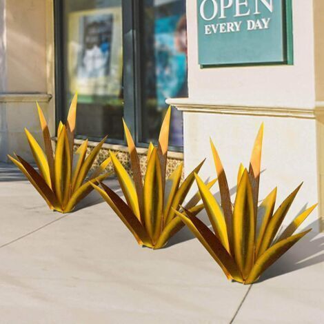 Estatua de jardín de agave de metal, escultura rústica de tequila para jardín, decoración de exterior para el hogar, adornos de césped con forma de estaca, estatua de agave amarilla de 35 cm. (1/3)