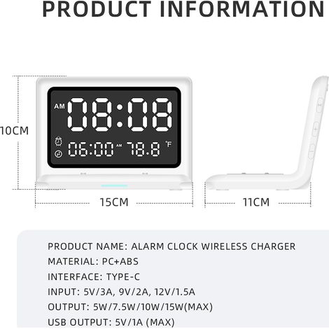 Horloge miroir numérique multifonction 15W sans fil alarme de charge avec grand écran dimmable fonction snooze sortie USB pour chambre bureau salon, pour le bureau (1/5)