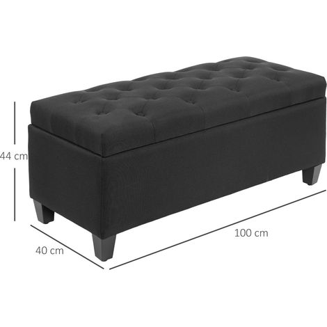 Panca contenitore, panca con cassettiera, poliestere effetto lino, legno di caucciù, nero, 100 x 40 x 44 cm