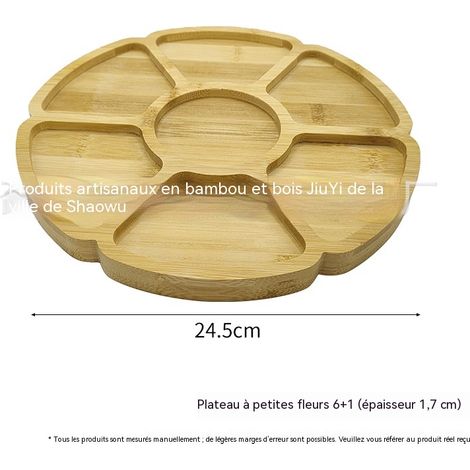 Plateau de service en bambou forme fleur à 7 compartiments (6+1), plateau à fruits, fruits secs et apéritifs, présentoir pour snacks et pâtisseries, diamètre 24,5 cm (1/2)